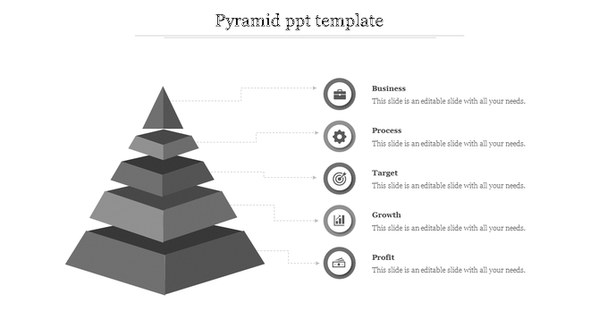 Grayscale 3D pyramid with five stacked layers, each linked with circular icons on the right.