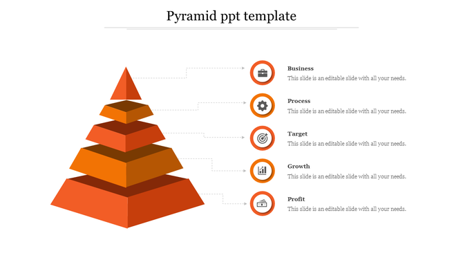 Segmented 3D orange and brown pyramid with five steps, each connected to an icon and text for business related topics.