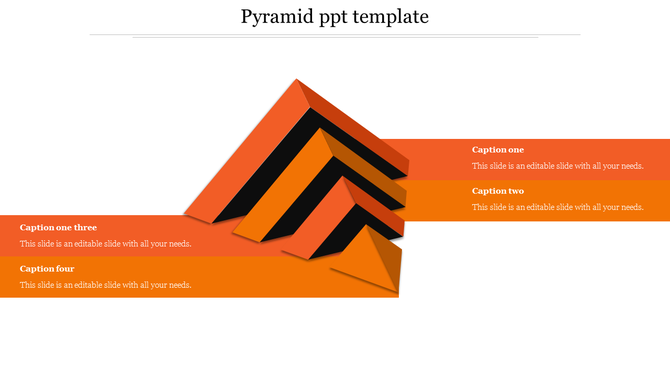 Layered 3D pyramid in orange and black with four caption banners in different shades of orange extending from the structure. 