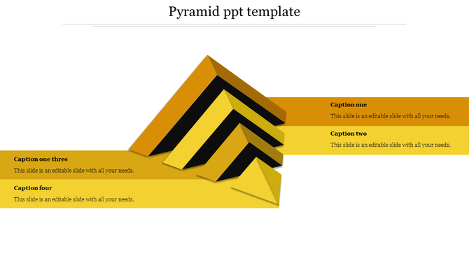 Yellow and black pyramid with four horizontal banners extending outward, each labeled with captions in varying shades.