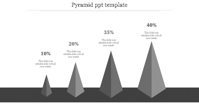Pyramid PPT template featuring four 3D pyramids of increasing size, each labeled with percentages and placeholder text.