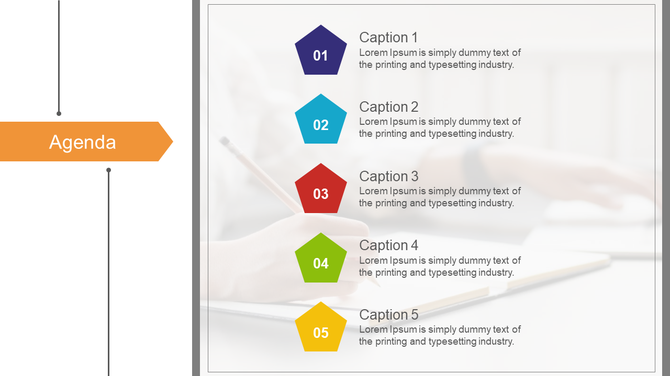 Agenda slide featuring a sidebar with an orange heading and five colorful hexagonal markers on a blurred backdrop.