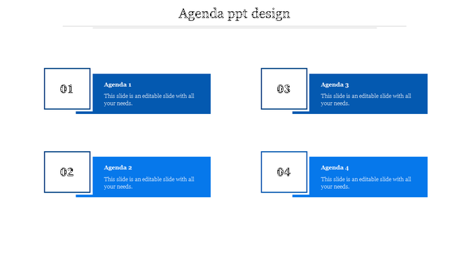 Agenda slide with four numbered sections, each containing a white box with a bold number and a blue rectangular text box.