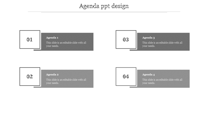 Agenda slide featuring four numbered white boxes connected to gray text boxes, structured in two rows. 