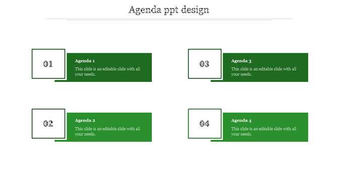 Agenda template with four numbered agenda items, each with a caption areas, presented in green boxes.