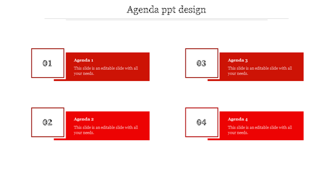 Agenda slide with four numbered white boxes linked to red text boxes, arranged in two rows for structured content layout. 
