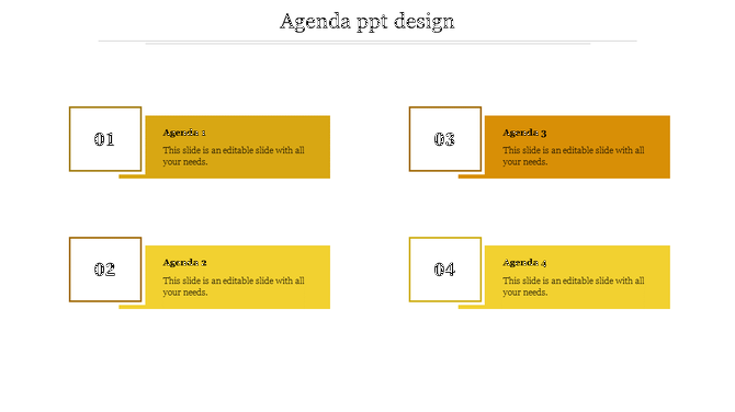 Agenda PowerPoint template featuring four yellow numbered sections with placeholders for content and section titles.
