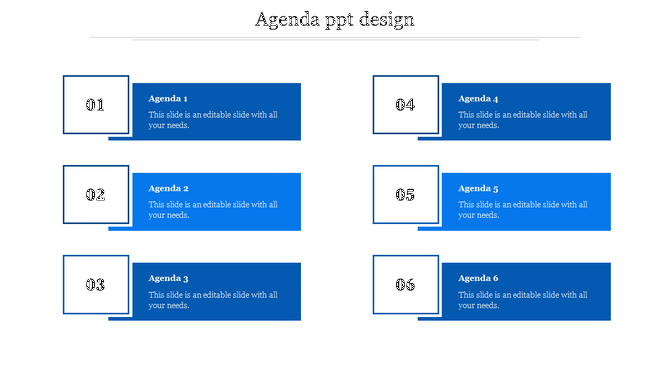 Agenda slide with six numbered sections, each featuring a white square with bold numbers and a blue rectangular text box.