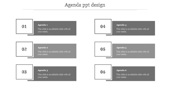 Agenda template featuring six sequentially numbered items in two columns, using a modern gray and white color scheme.