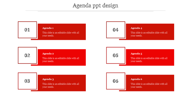 Agenda template featuring six sequentially numbered items in two columns, using a striking red and white color scheme.