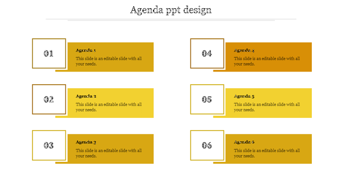 Agenda PPT design slide with six yellow and gold boxes labeled 1 to 6, with placeholder text.