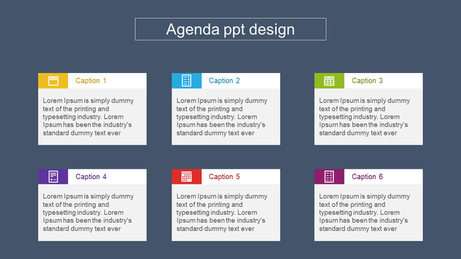 Colorful agenda PowerPoint slide featuring six sections labeled with captions and placeholders for text with icons.