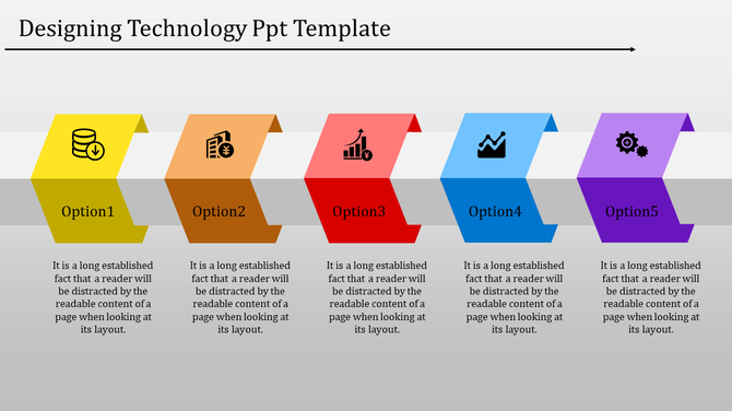 Technology slide showcasing five steps in yellow, orange, red, blue, and purple ribbon designs with icons and text.