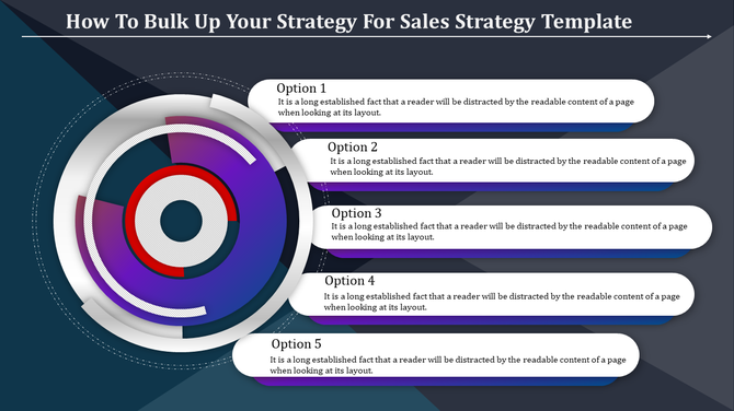 Sales strategy template featuring a multi-colored circular graphic on the left and five labeled options.