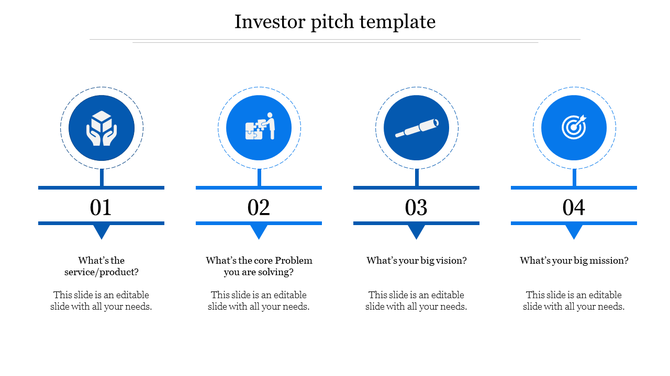 Investor PPT pitch slide with four blue sections labeled from 1 to 4, with icons and placeholder text.