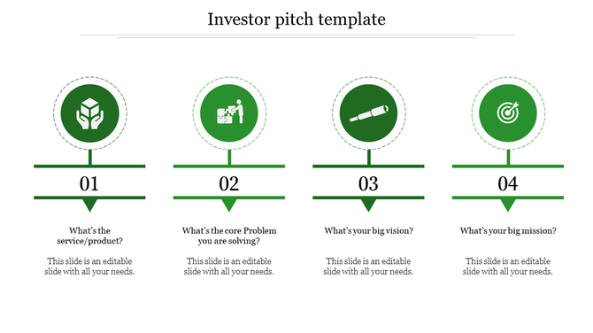 Four step investor pitch template with green icons for service, problem-solving, vision, and mission, arranged in a row.