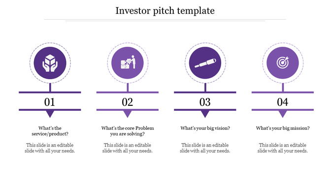 Slide with four purple circular icons, horizontal dividers, and numbered sections arranged in a row for an investor pitch.