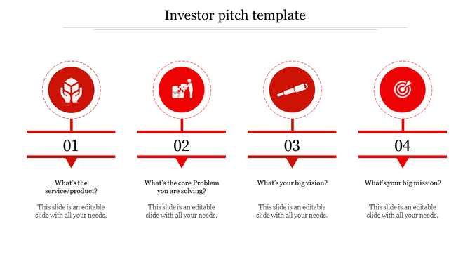 Investor pitch slide with four red circular icons representing product, problem, vision, and mission, linked to text below. 