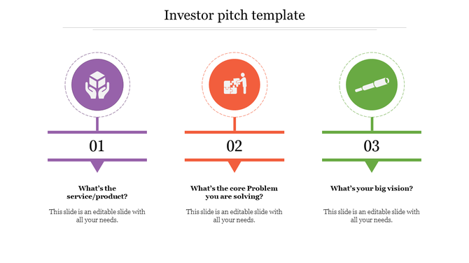 Investor pitch slide with three circular steps in purple, orange, and green icons, labeled with numbers and captions below.