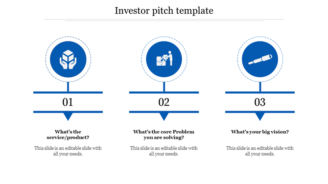 Investor pitch template with three blue circular icons, each numbered and featuring distinct symbols. 