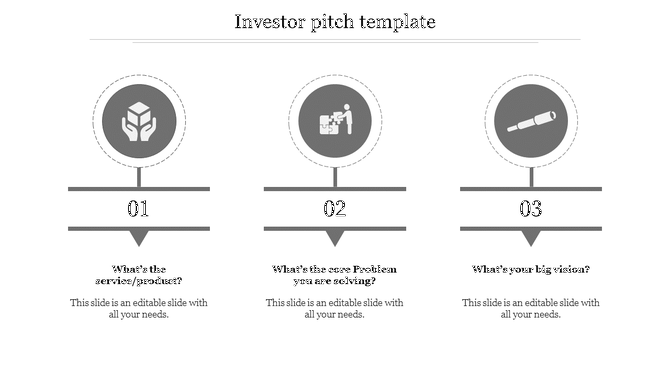 Investor pitch PPT slide with three steps product or service, core problem, and big vision, with grey icons and captions.