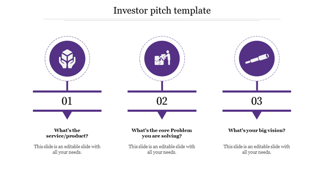 Investor pitch PPT slide with three steps product or service, core problem, and big vision, with purple icons and captions.