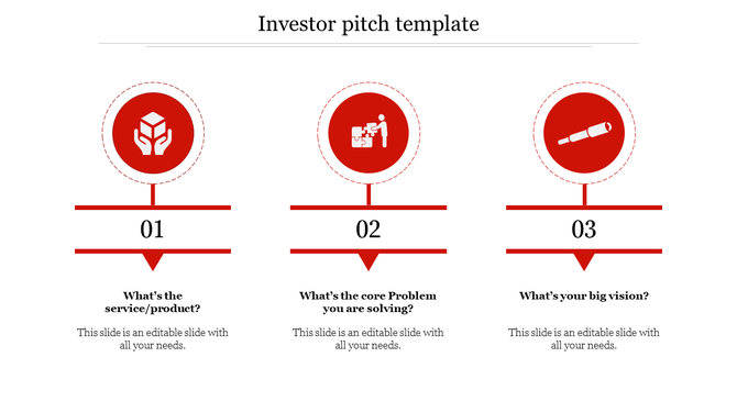 Red investor pitch template with three circular icons, numbered sections, and text descriptions in a structured layout.