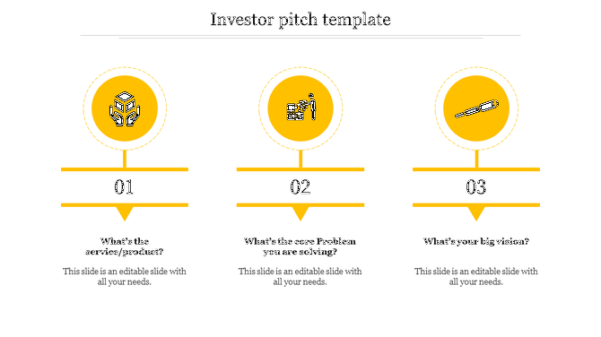 Investor pitch template with three yellow circular icons , each numbered and featuring distinct symbols. 