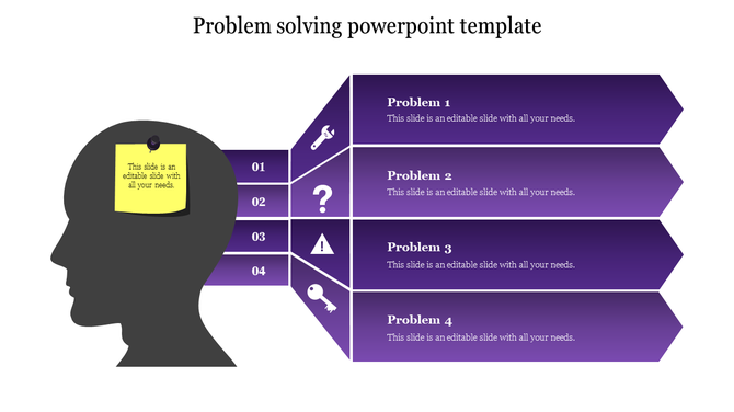 Problem solving PPT slide with a silhouette of a head and four purple arrows pointing to different problems and solutions.