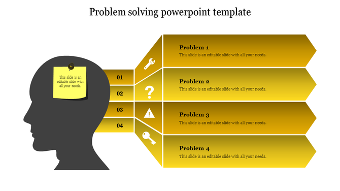 Illustrative PowerPoint slide showing problem solving stages with a head silhouette, sticky note, and icons with text.