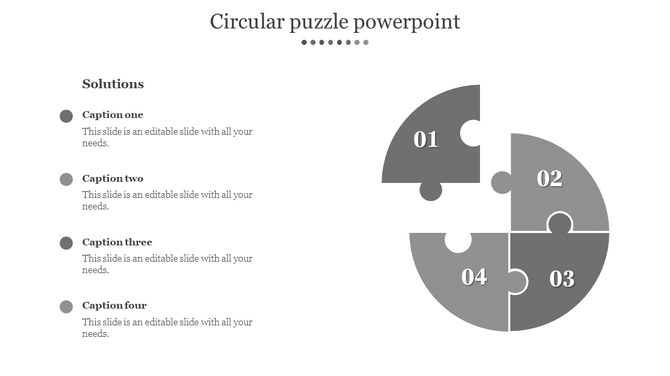 Circular puzzle graphic with four labeled segments, one separated, and a text section with captions areas on the left.