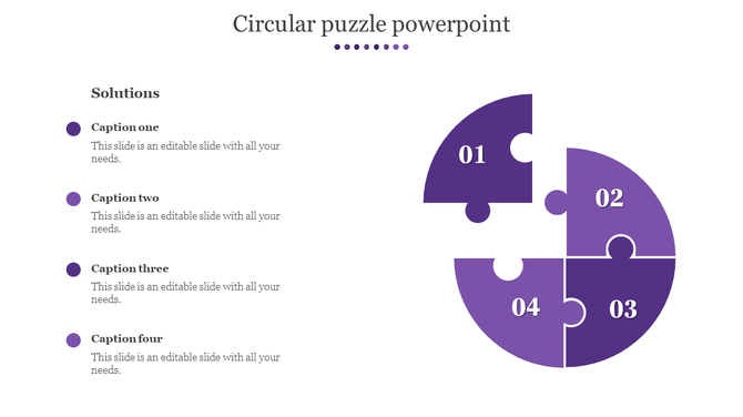 Purple circular puzzle graphic with four numbered sections, one piece separated, and a set of bullet point captions areas. 