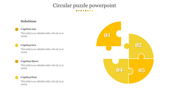 Infographic with a circular yellow four piece puzzle, numbered 01 to 04, linked to matching solution descriptions.