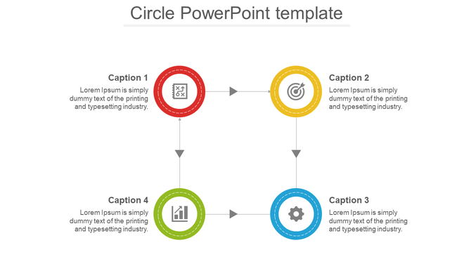 Four step circular diagram with colored icons in a square flow, connected by arrows and aligned with text boxes on each side.