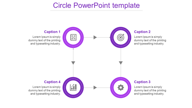 Purple circle PPT slide with four circular icons connected by arrows, representing strategy, target, growth, and tools.