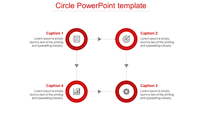 Circular diagram with red icons forming a square flow, connected by arrows and aligned with placeholder text boxes.