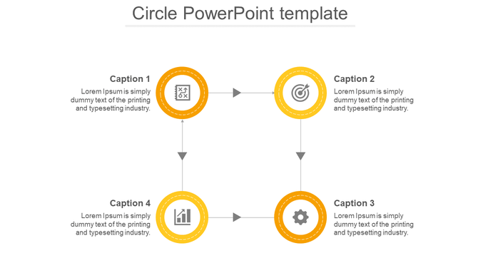 Four yellow circles connected with arrows in a square layout, each with an icon and caption.