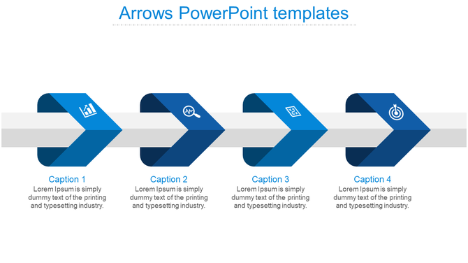 Blue arrows PowerPoint template featuring four arrows with icons for analytics, search, growth, and target with captions.