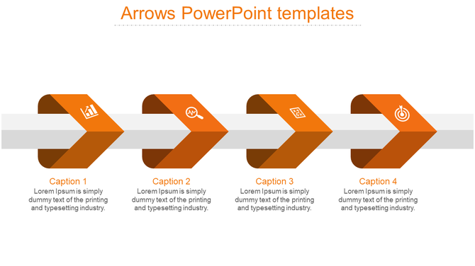 Horizontal layout of four orange arrows on a gray line, each with an icon and captions below.