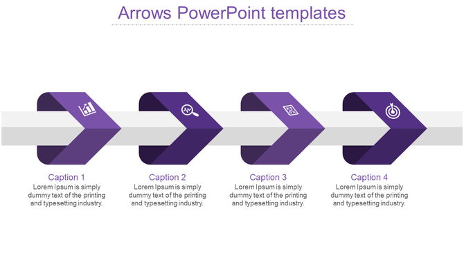 Purple arrows PowerPoint template featuring four arrows with icons for analytics, search, growth, and target with captions.