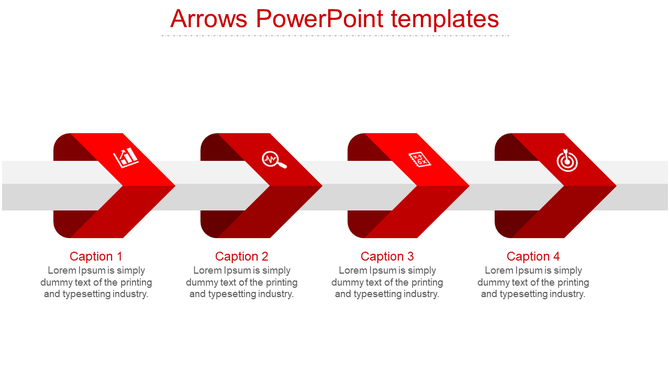 Business process diagram with four red folded arrows, each featuring an icon, around a horizontal bar and linked to text.