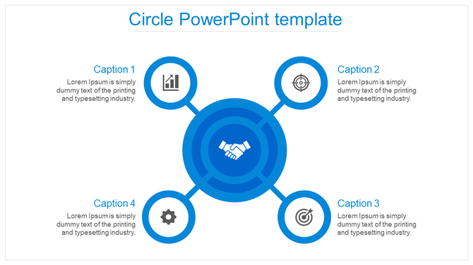 Circle PowerPoint template with blue icons representing growth, partnership, strategy, and settings with captions.