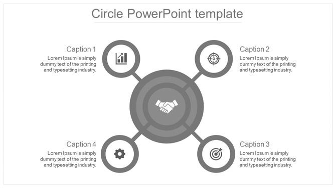 Monochrome circular network infographic with a handshake center, four surrounding icons, and text boxes connected by lines.