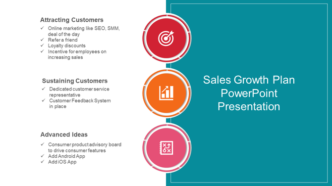 Sales growth plan slide with colored icons and bullet points outlining strategies on a blue background with title text.