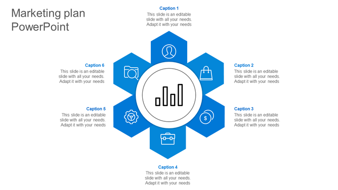 Marketing plan infographic with six blue hexagonal nodes, each featuring an icon, surrounding a circular central chart icon.
