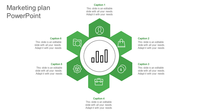 Six green pentagons arranged in a circular layout, each with a relevant icon and text for marketing information.