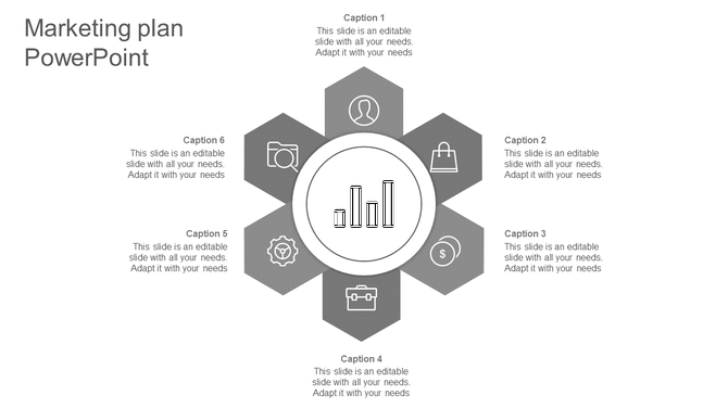 Marketing plan template with a hexagonal layout, focusing on six key elements represented by icons, captions, and a graph.