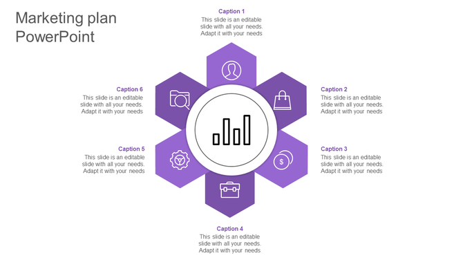 A central circular graph icon and six surrounding hexagons, each with an icon representing different aspects of marketing.