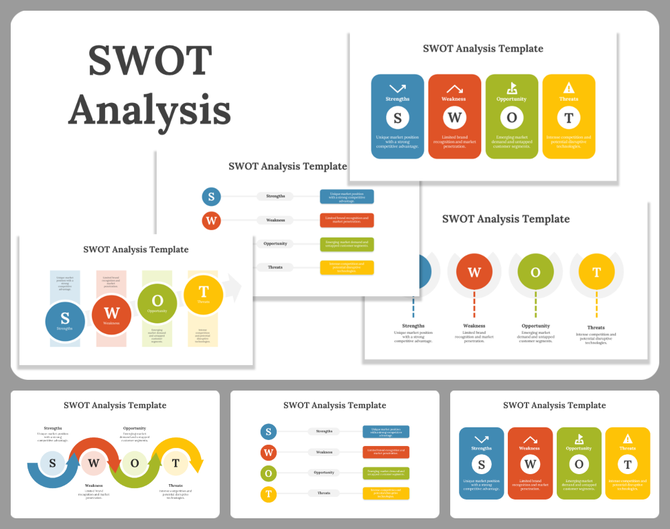 A pack of SWOT analysis slides showcasing multiple layouts with color coded segments with icons.