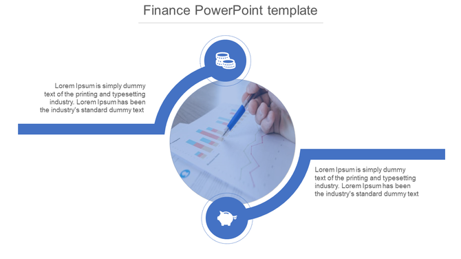 Template showing a financial report with charts in the center, connected to two blue financial symbols.
